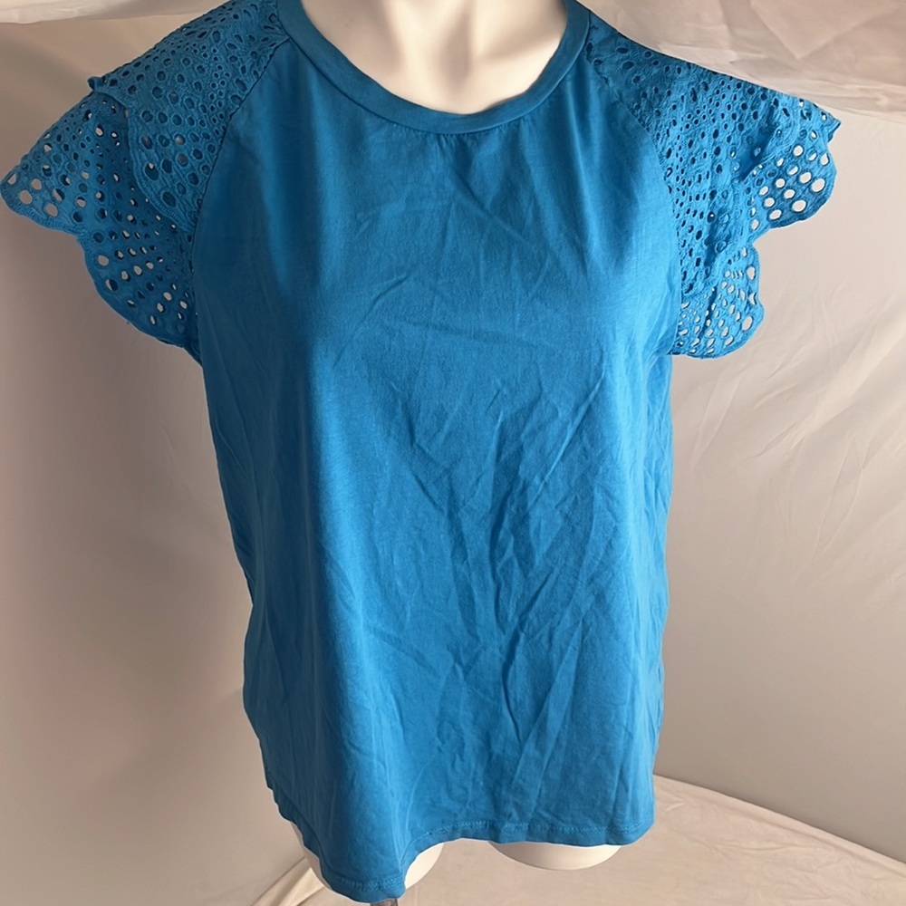 Brand Bazar blue eyelet flutter cap sleeve t-shirt